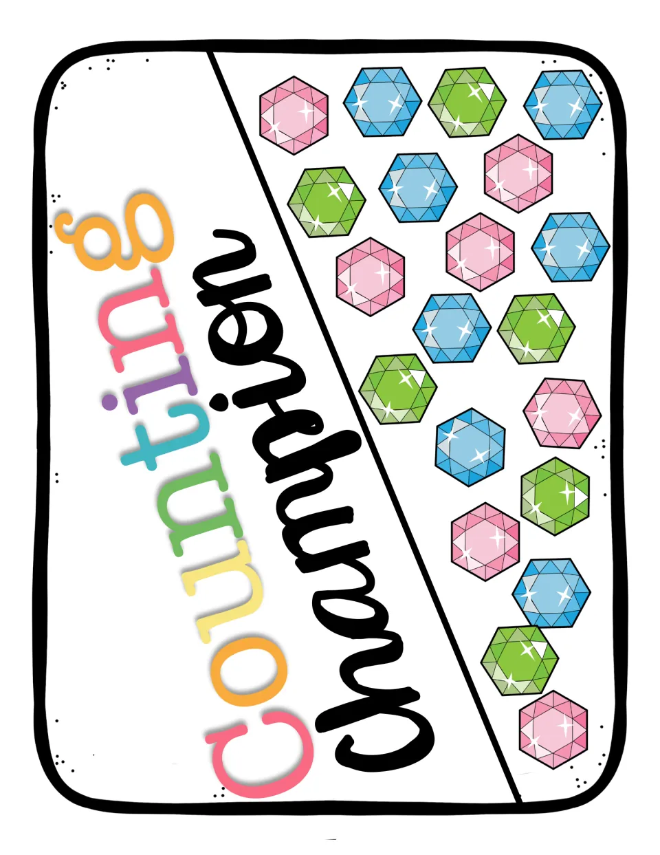 Counting Champion celebration sign decorated with pink, blue and green gem clip art, printed sideways on the page