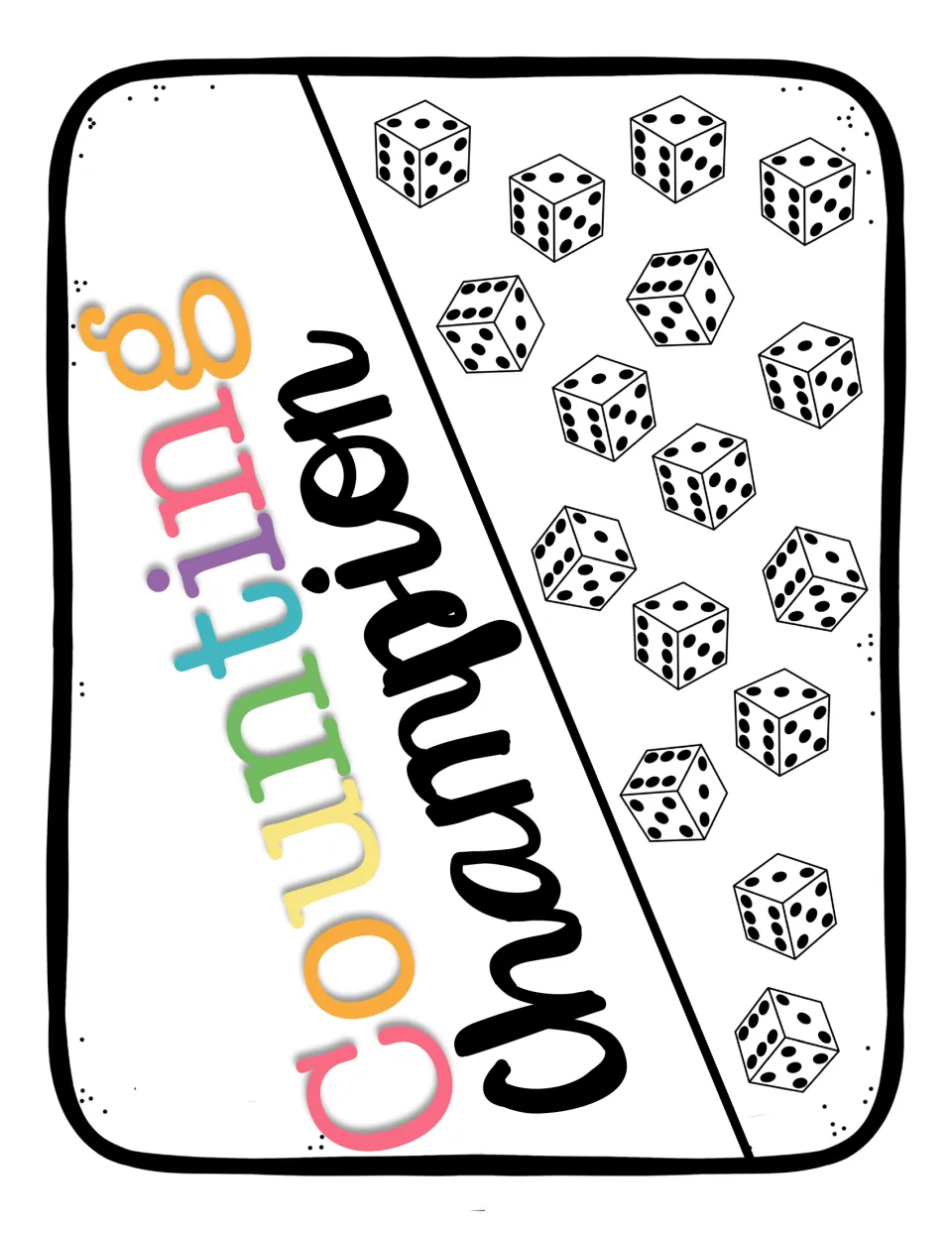 Counting Champion celebration sign decorated with black and white dice clip art, printed sideways on the page