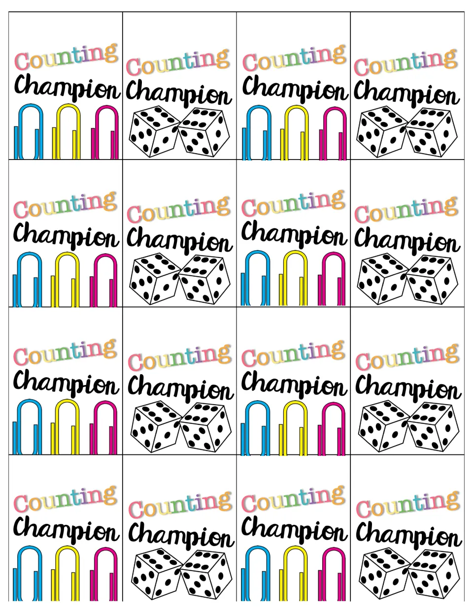 Sixteen small Counting Champion cards alternating paperclip and dice artwork, to cut apart and give students