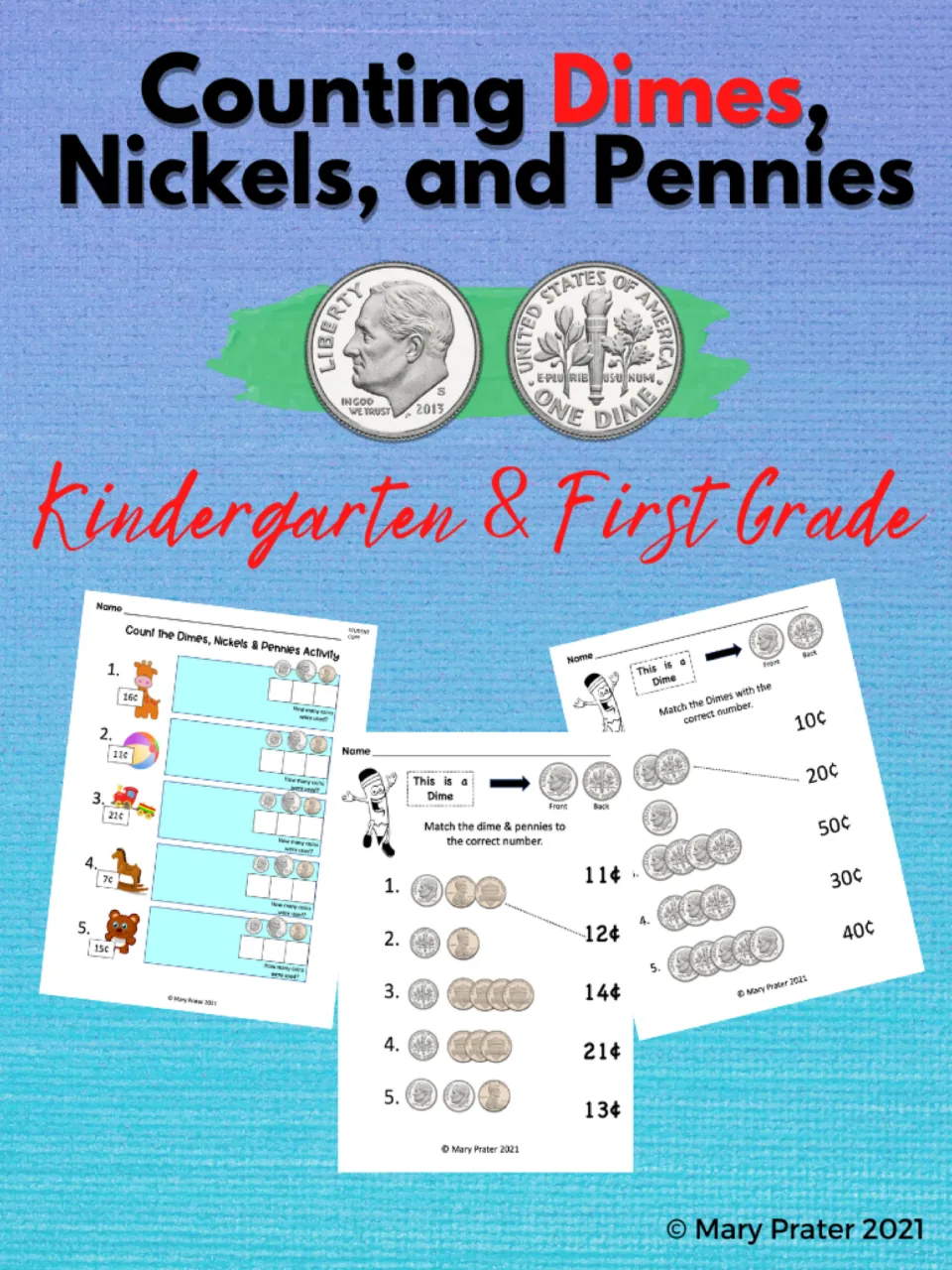 Cover of Counting Dimes, Nickels & Pennies Activity, labeled Kindergarten & First Grade, with sample tasks