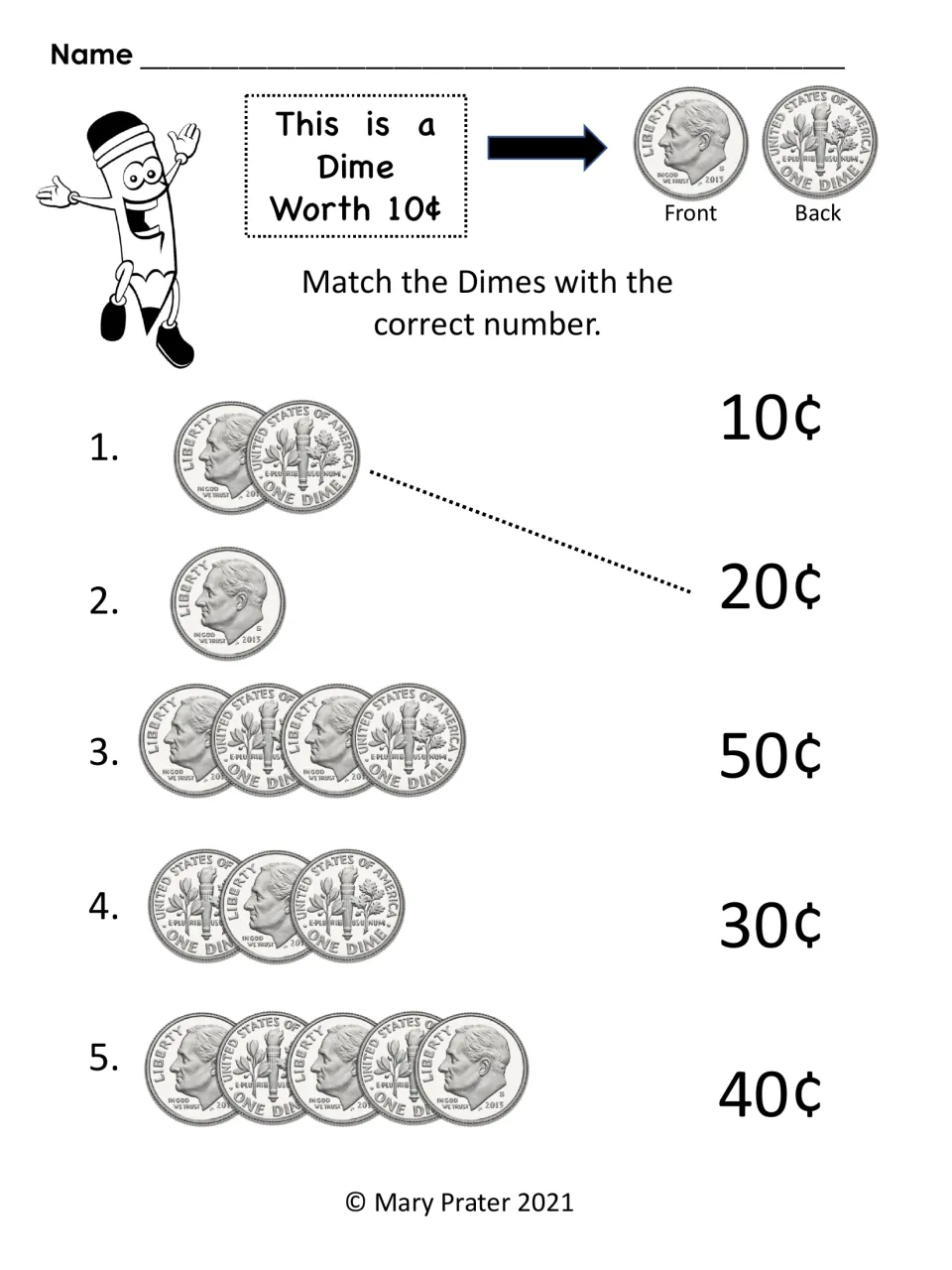 Dime matching worksheet has five coin groups to match to values from 10¢ to 50¢, with a 20¢ example