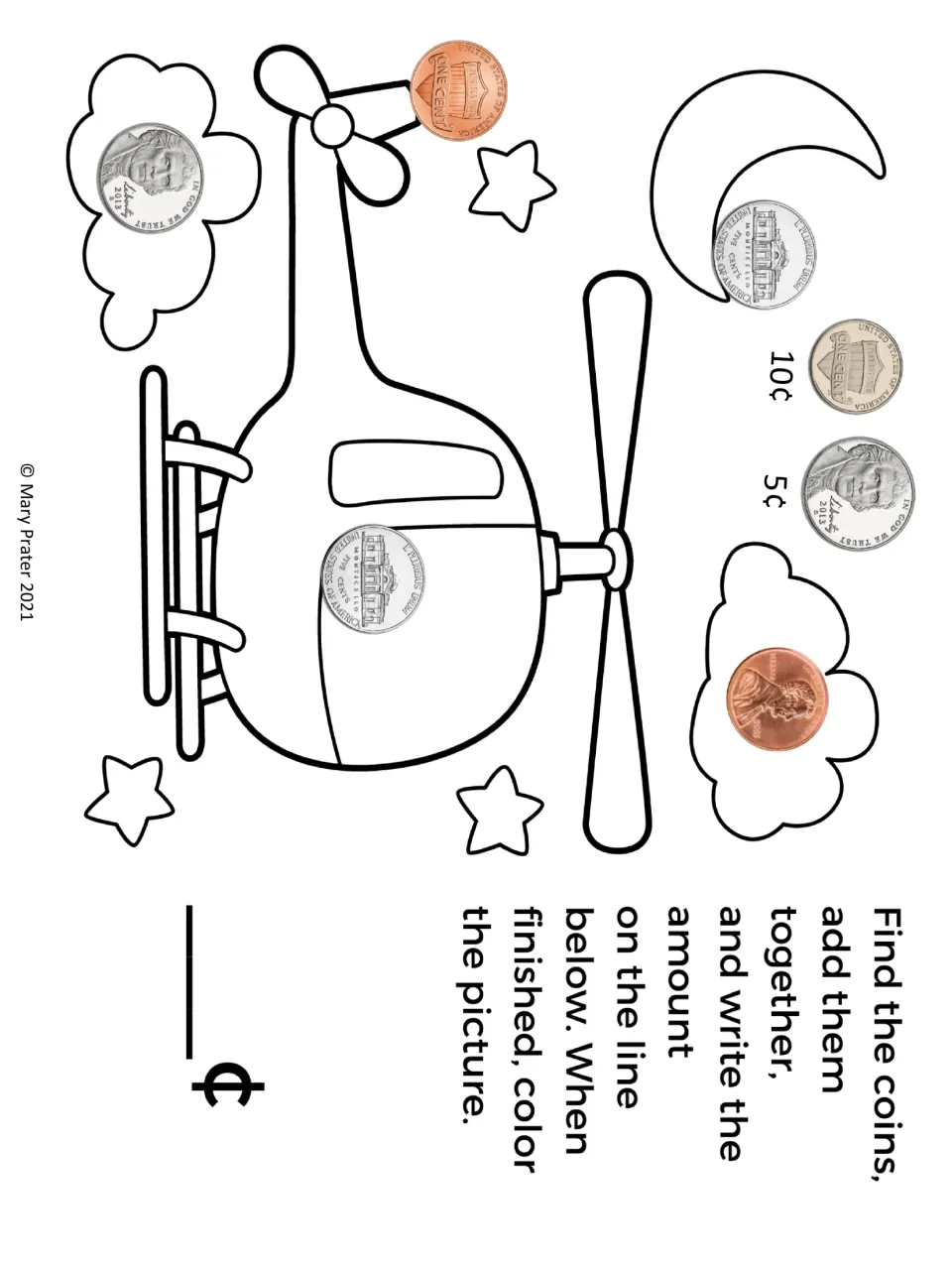 Helicopter activity mat asks students to find coins in the scene, add their values, then color the picture