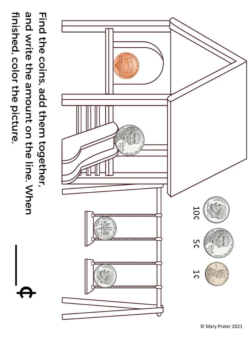 Playground activity mat asks students to find dimes, a nickel, and a penny, total them, then color the scene