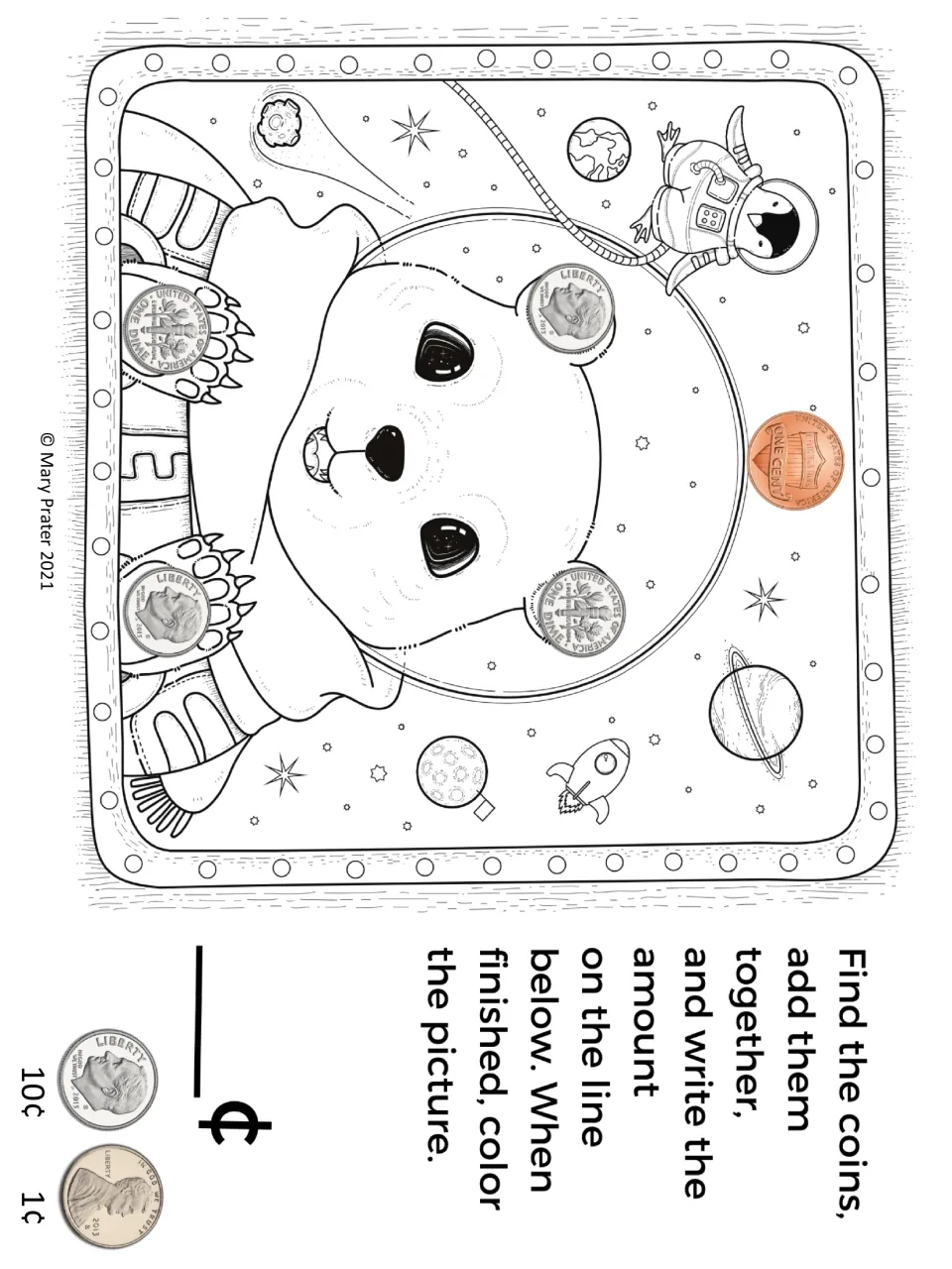 Space bear activity mat asks students to find four dimes and a penny, add their values, then color the picture