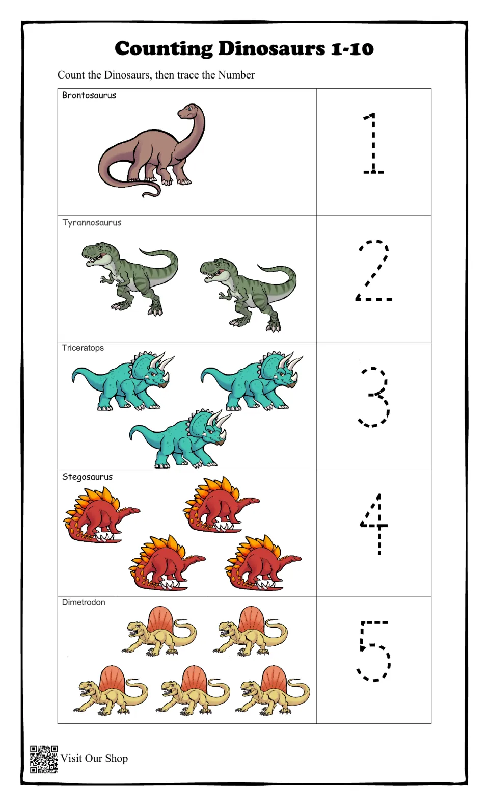 Counting 1 to 5: students count Brontosaurus, Tyrannosaurus, Triceratops, Stegosaurus and Dimetrodon, then trace each number