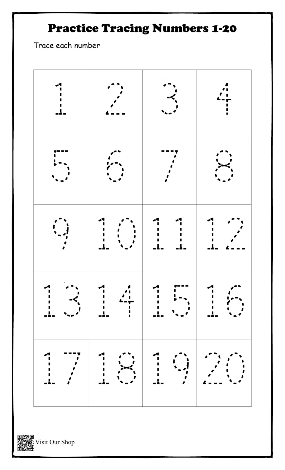 Practice Tracing Numbers 1-20: students trace each dashed numeral from 1 to 20 in counting order