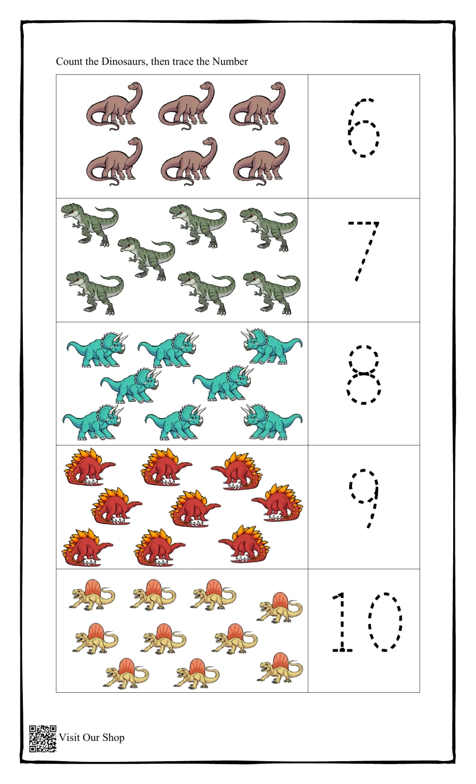Counting 6 to 10: students count groups from six brontosaurus to ten dimetrodons and trace the dotted numerals 6 to 10