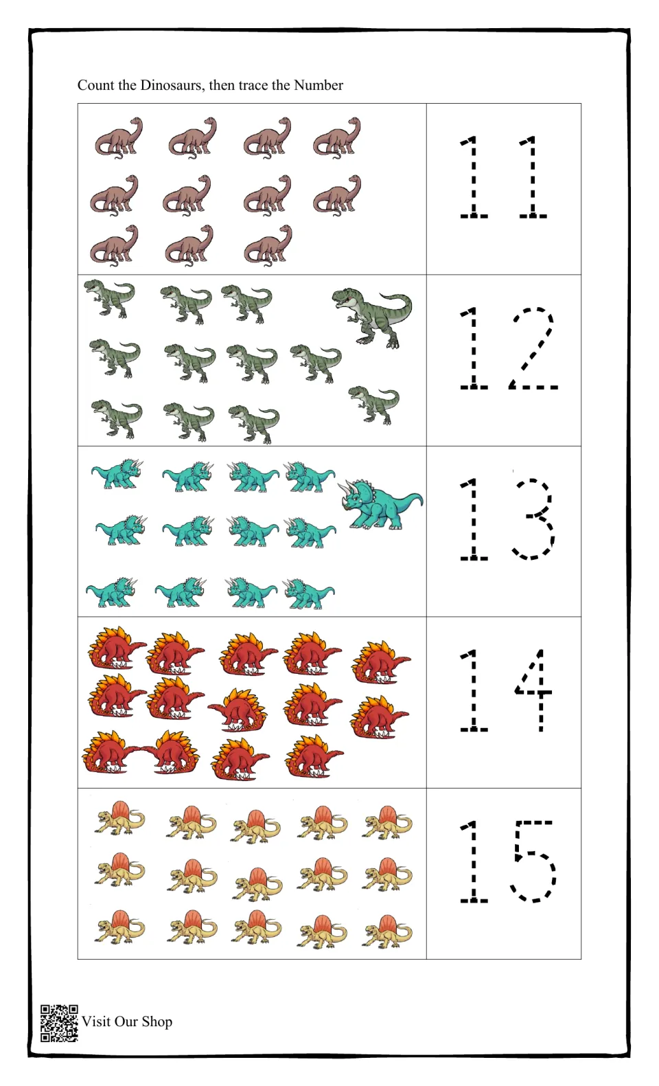 Counting 11 to 15: students count dinosaur groups of 11 to 15 in each row and trace the matching dotted two-digit numerals