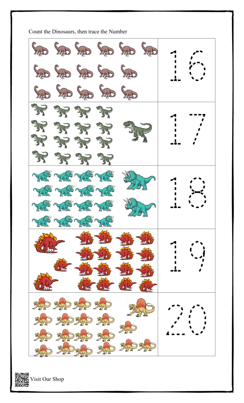 Counting 16 to 20: students count large dinosaur groups of 16 to 20 and trace dotted numerals, ending with 20 dimetrodons