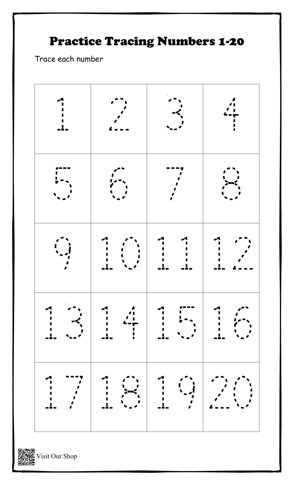 Number formation: students trace dotted numerals 1 to 20 in counting order under the heading Practice Tracing Numbers