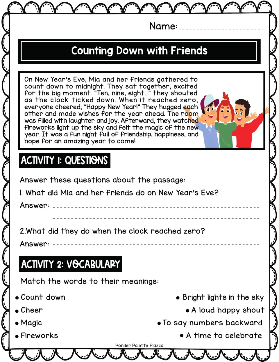 New Year's Eve story about Mia counting down: students answer two questions and match four vocabulary words