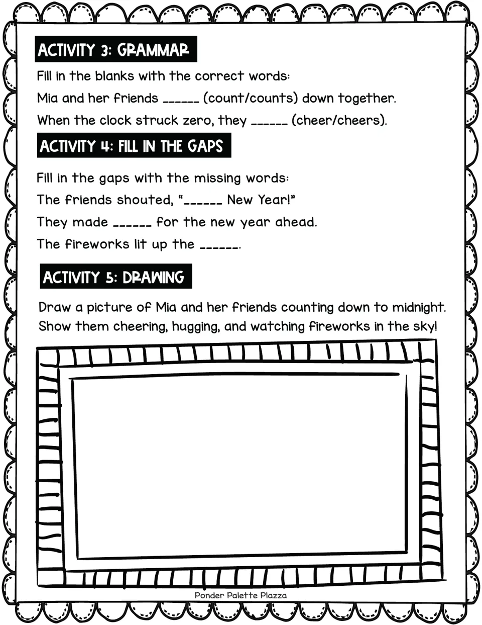 New Year story follow-up: students choose verbs (count/counts, cheer/cheers), fill in missing words and draw the countdown