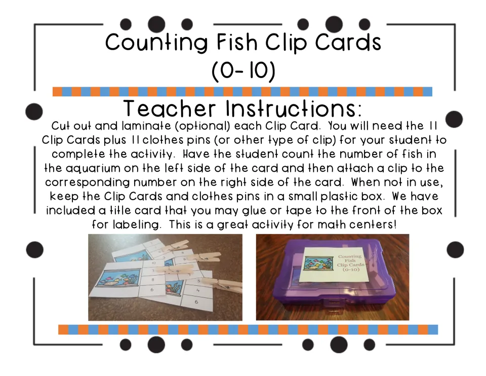 Teacher setup for fish counting: cut out 11 cards, add clothespins, store in a box; photos show clipped cards and the box