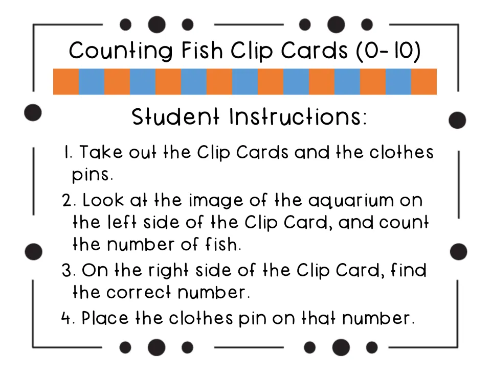Student instructions in 4 steps: count the fish in the aquarium, find the matching number, and clip a clothespin on it
