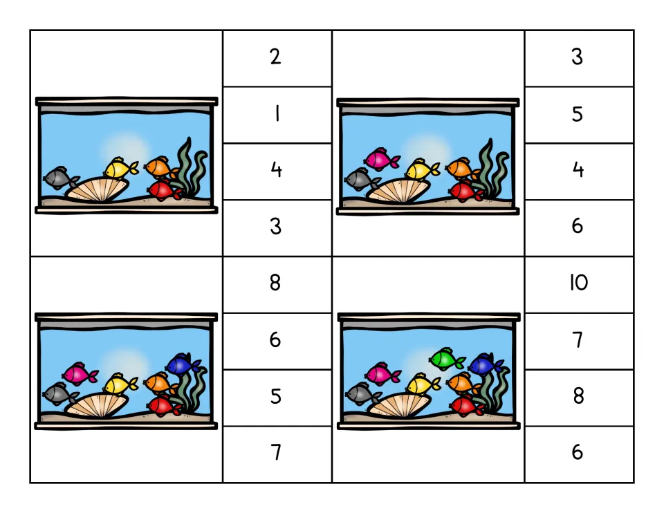 Clip cards for counting 4 to 7: students count the fish in each tank and clip the correct number from four options