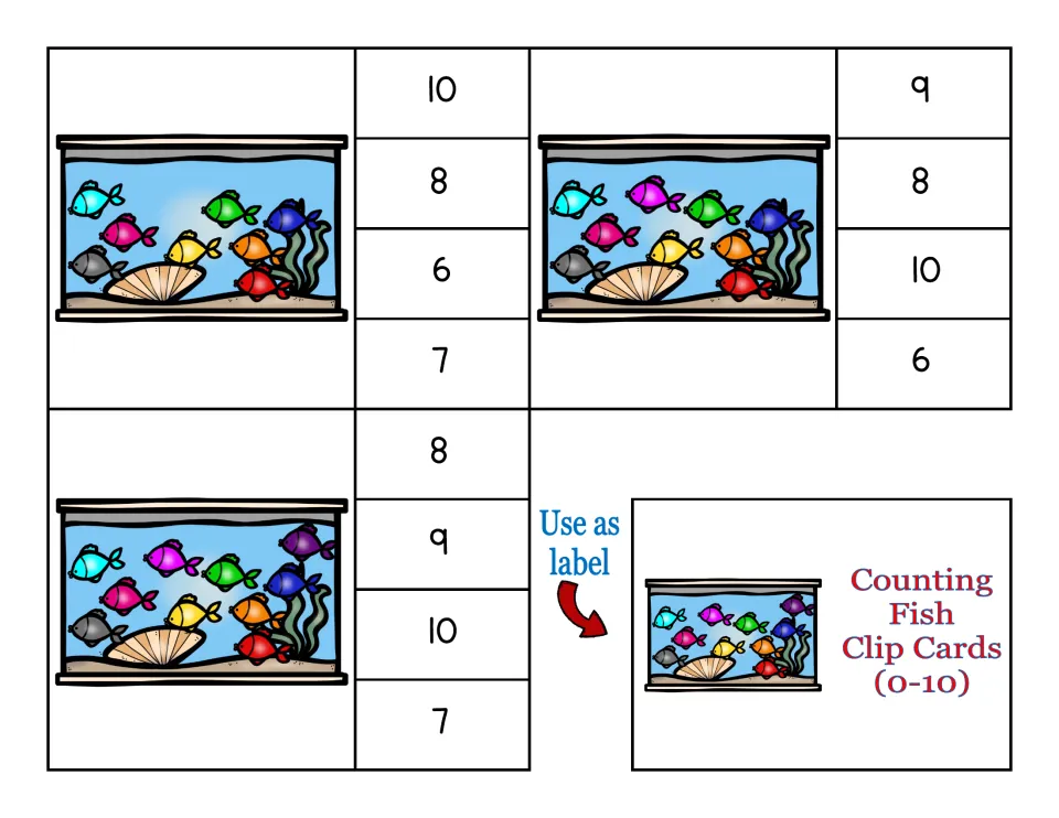 Counting clip cards for 8 to 10: students count fish in each tank and clip the matching number, plus a storage box label