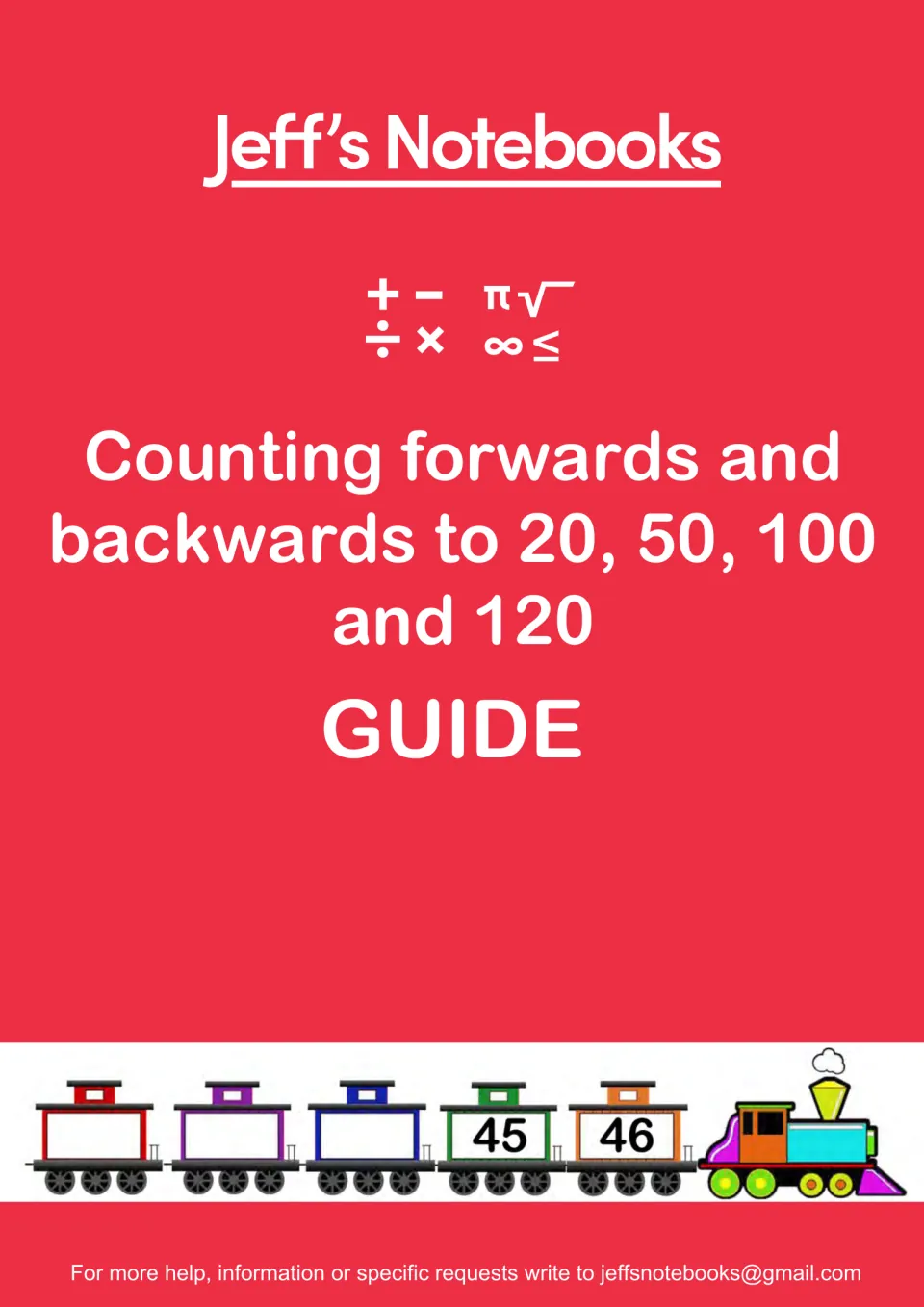 Jeff's Notebooks guide cover for counting forwards and backwards to 20, 50, 100 and 120, with a numbered train