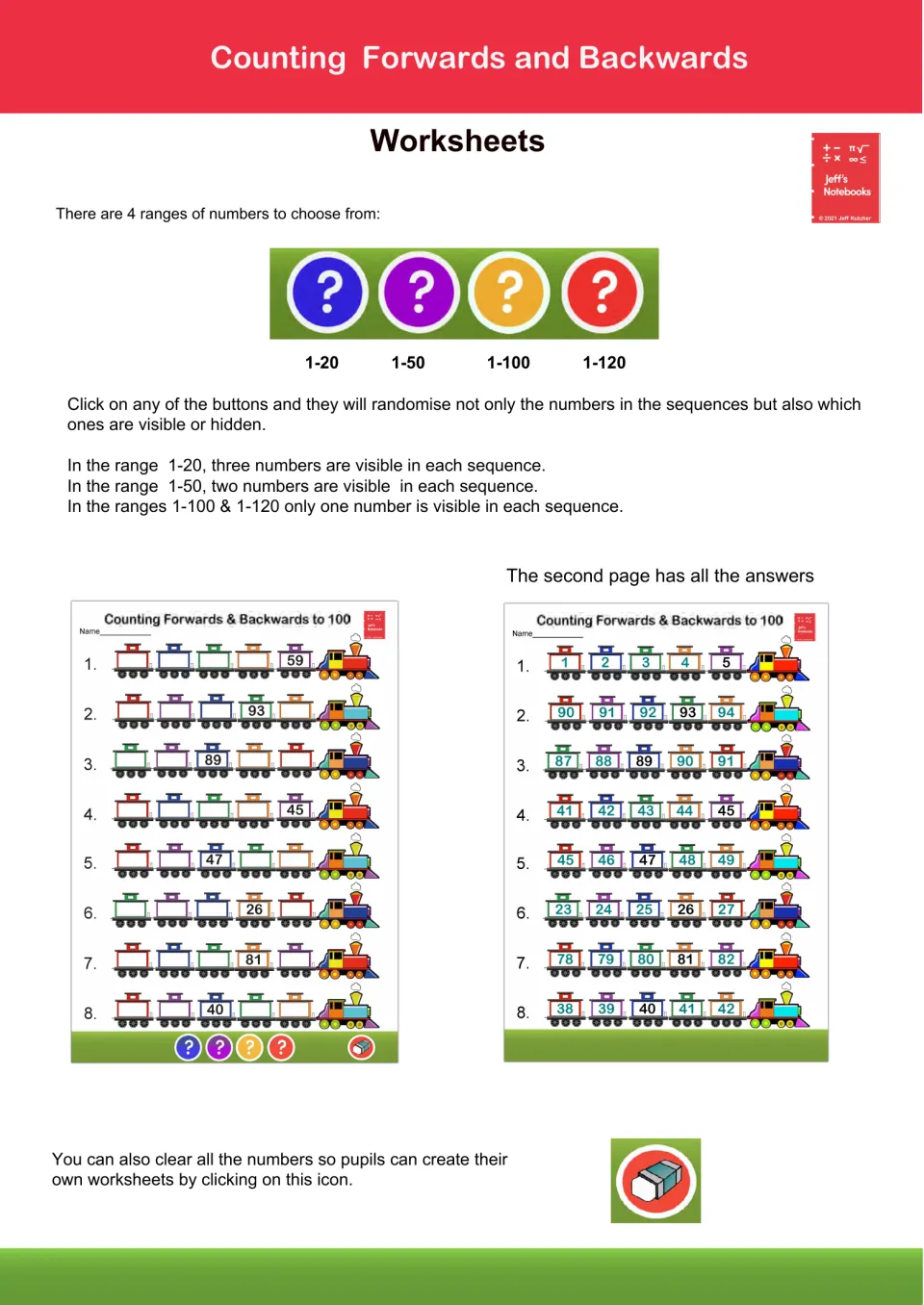 Number sequence worksheet guide: buttons for ranges 1-20 to 1-120 randomize train numbers; pupils fill in hidden numbers