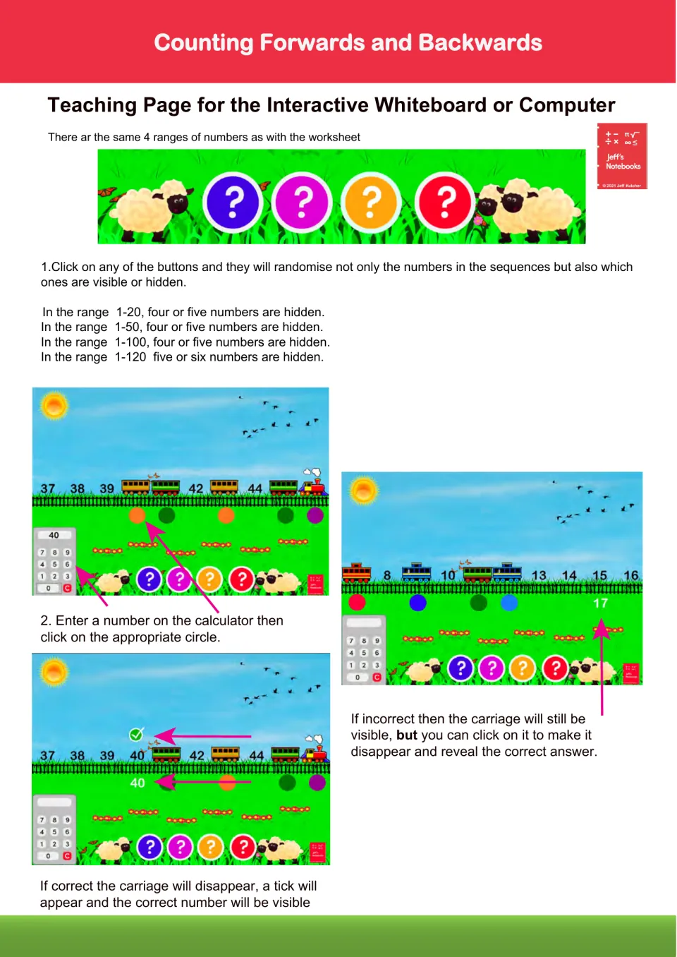 Whiteboard teaching page guide: pupils type the missing number on a calculator and click its circle to fill the train gap