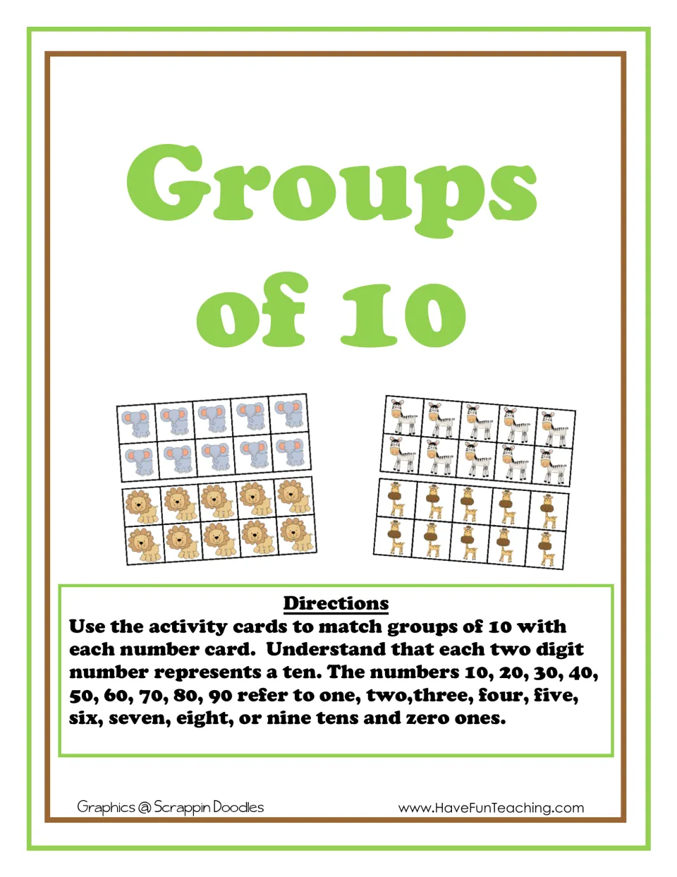 Groups of 10 cover: safari animal cards of ten and directions to match each group of 10 with a tens number card