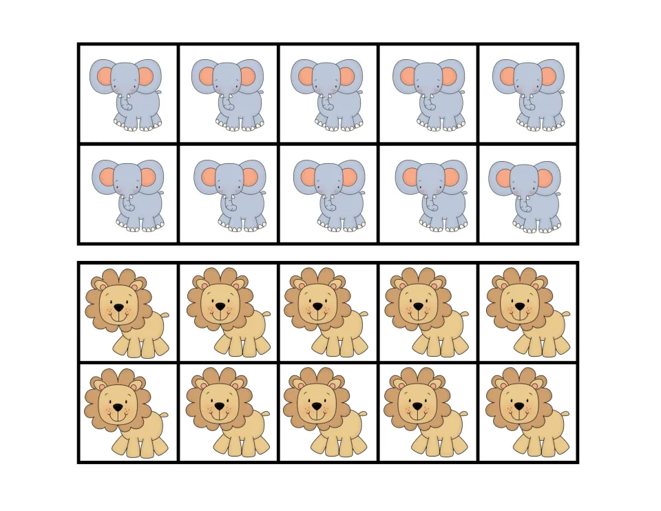 Groups of ten cards: one card of 10 elephants and one of 10 lions, for counting by tens and matching to a number card