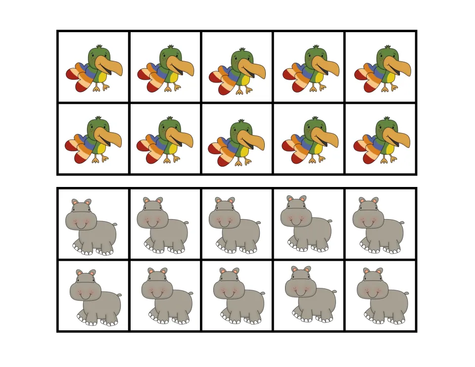 Counting tens cards: one card of 10 parrots and one of 10 hippos, to count as a group and pair with a tens number card