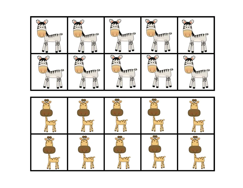 Tens counting cards with 10 zebras and 10 giraffes on each card; students count each group of ten and match its number