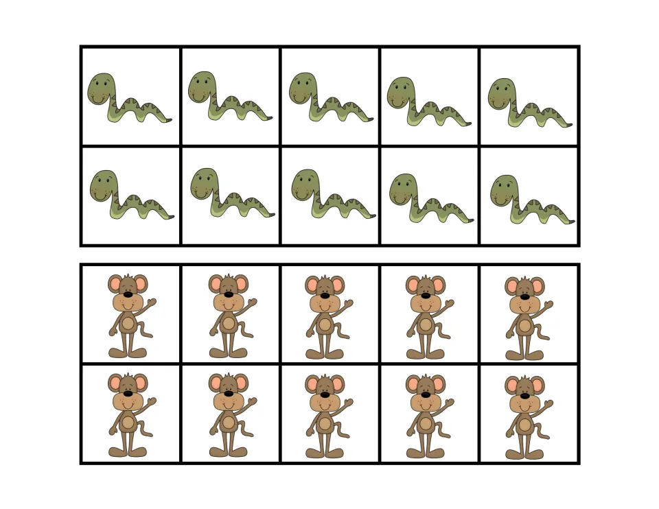 Group-of-ten picture cards showing 10 snakes and 10 monkeys; students count by tens and pair each card with a number