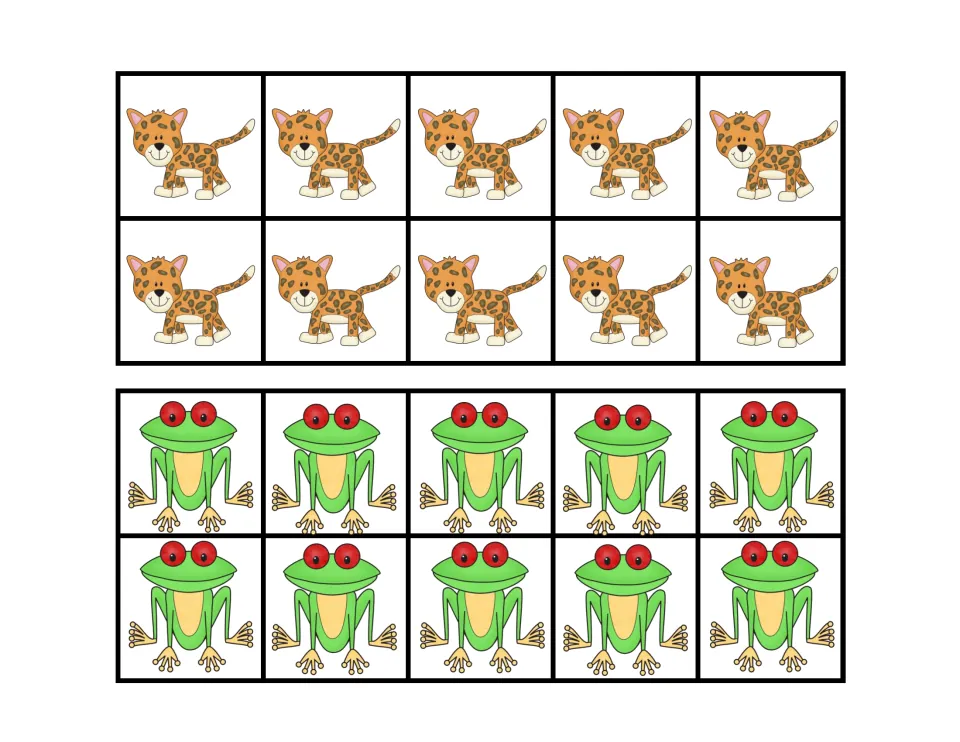 Animal tens cards of 10 leopards and 10 red-eyed frogs; each card stands for one ten when matching to numbers 10 to 90