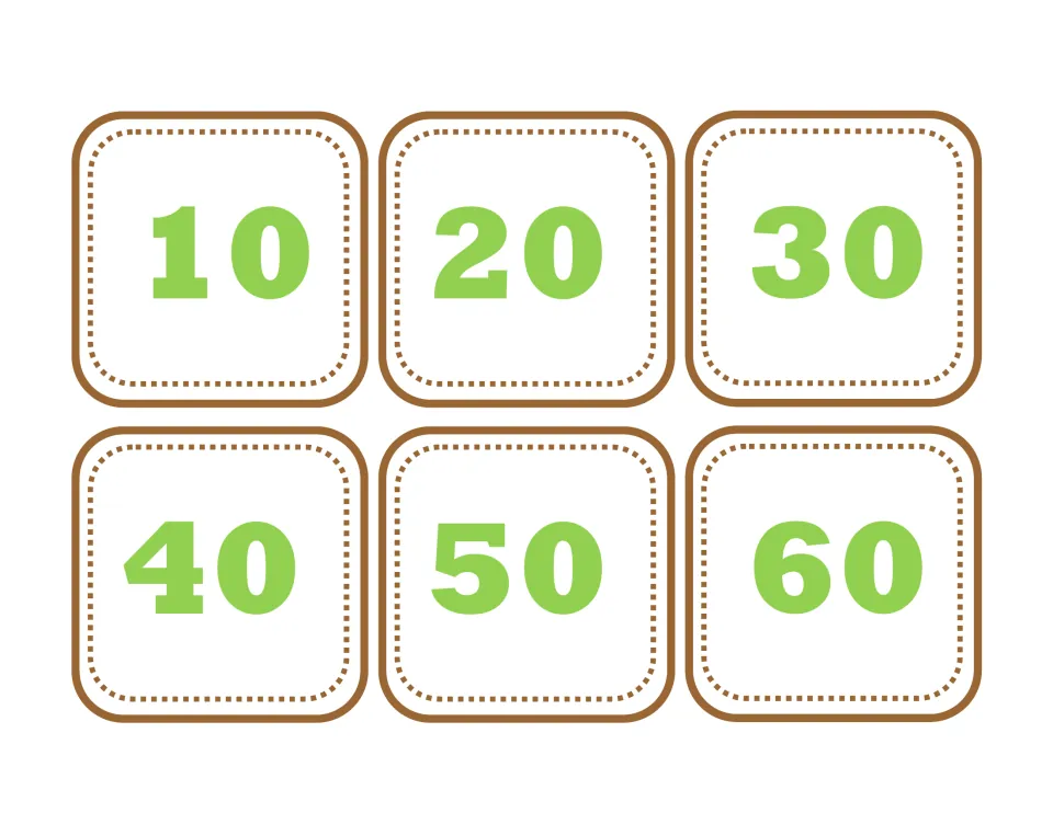 Tens number cards 10, 20, 30, 40, 50 and 60 for students to match with the right number of group-of-ten animal cards