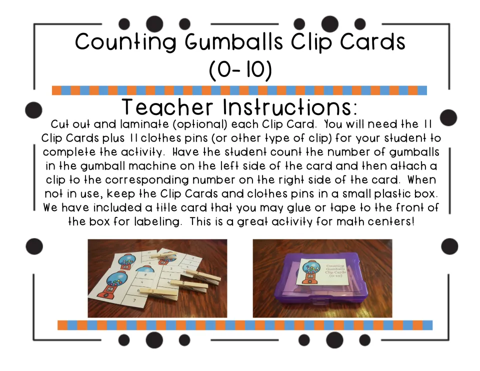 Teacher instructions: cut out and laminate the 11 clip cards, use 11 clothespins, and store them in a small plastic box