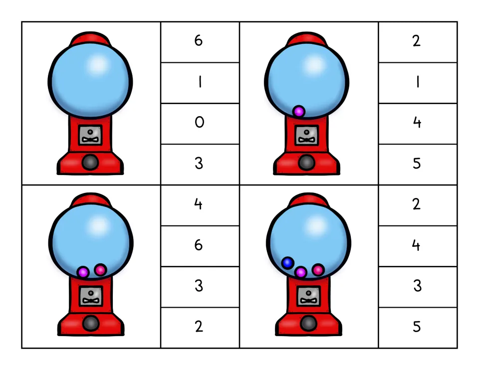 Clip cards for 0 to 3 gumballs, each gumball machine shown beside four number choices such as 0, 1, 3 and 6