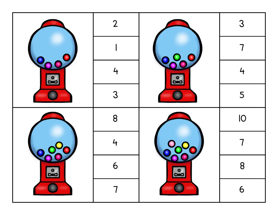 Clip cards for 4 to 7 gumballs, each gumball machine shown beside four number choices to clip