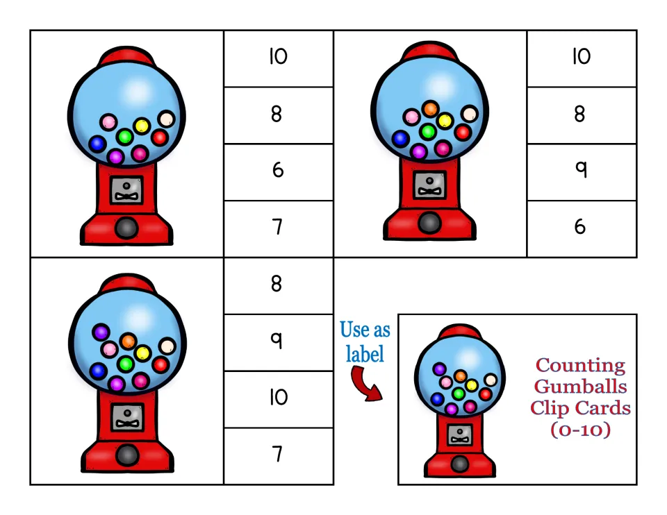 Clip cards for 8, 9 and 10 gumballs, plus a gumball machine title card to glue onto the storage box