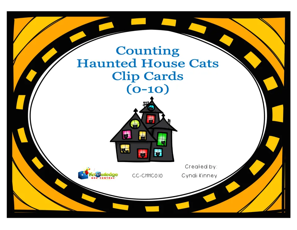 Counting Haunted House Cats Clip Cards (0-10) cover with a black haunted house with colorful windows, by Cyndi Kinney