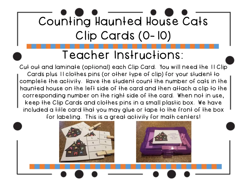 Teacher instructions: cut out and laminate 11 clip cards, add 11 clothespins, and store the set in a labeled box