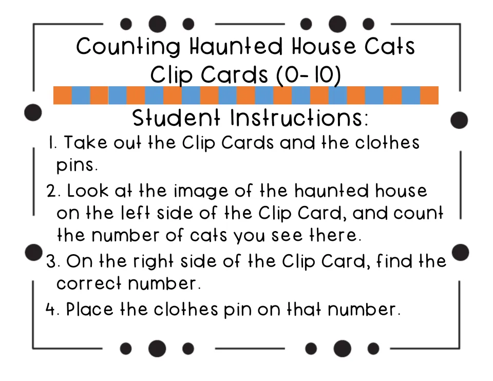 Student instructions in four steps: count the cats in the haunted house, find that number and clip it with a clothespin