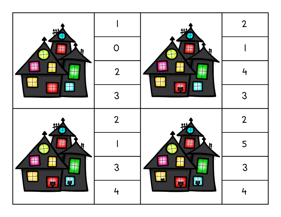 Counting clip cards: students count black cats in haunted house windows and clip the matching number from choices 0 to 5