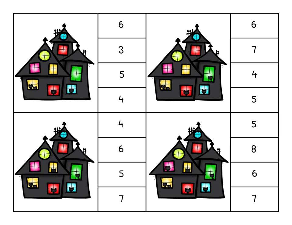 Haunted house cards with more cats in the windows; students count them and clip the right number from choices 3 to 8
