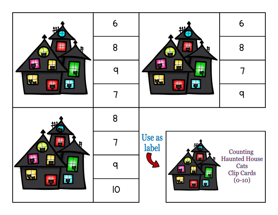 Final three clip cards with up to 10 cats to count and number choices 6 to 10, plus a title card to use as a box label