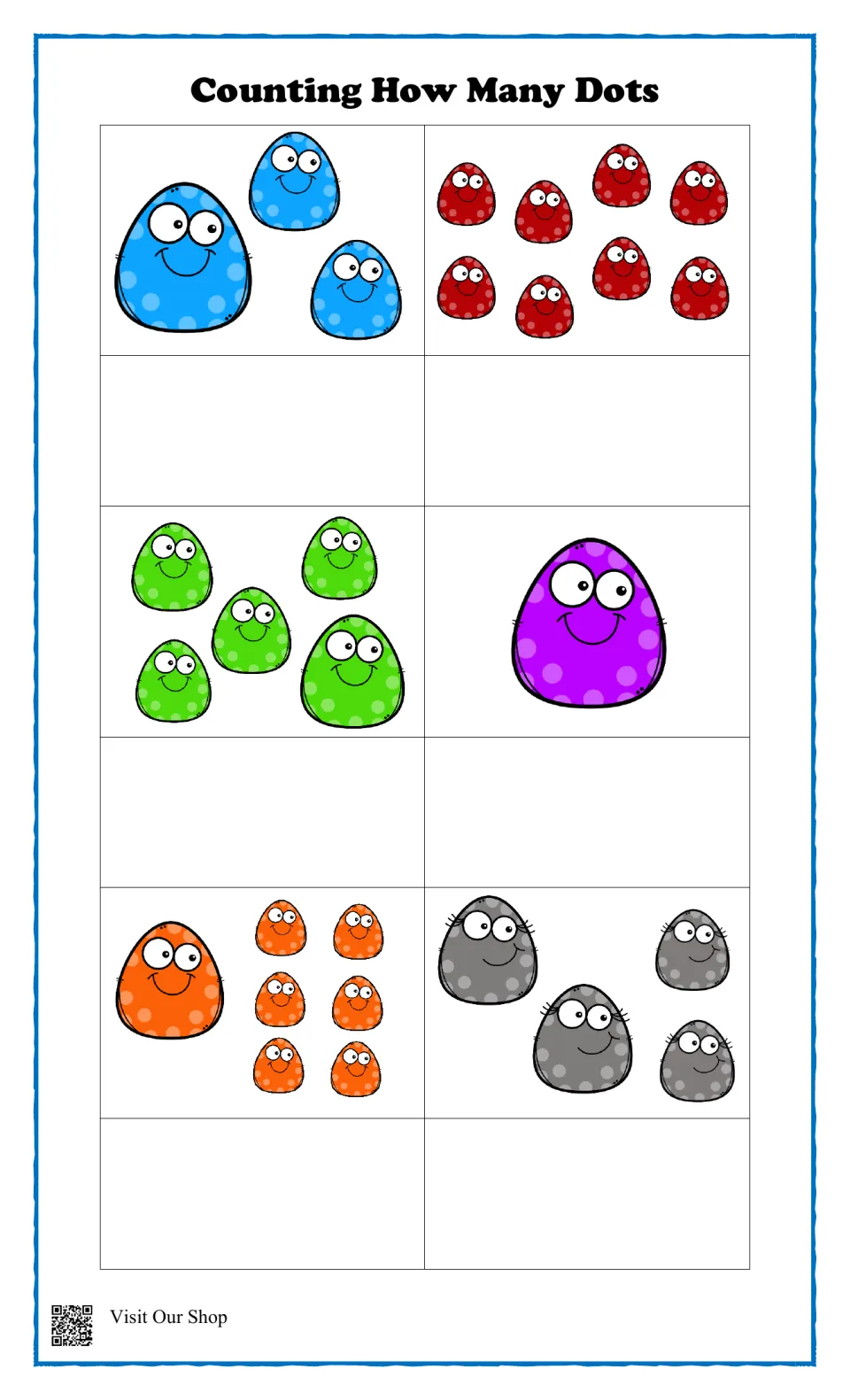 Counting How Many Dots: students count six groups of smiling dot creatures, from 1 to 8, and show each total below