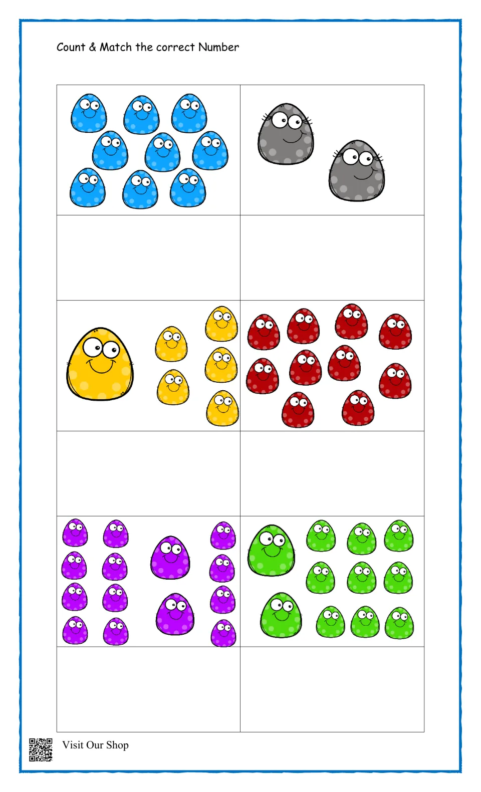 Count & Match the correct Number: students count six groups of 2 to 14 dot creatures and match a number to each