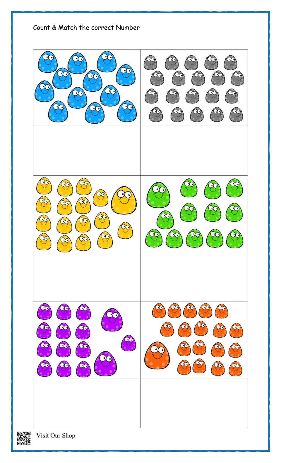 Counting larger sets: students count six crowded groups of dot creatures, up to 20, and add the right number under each
