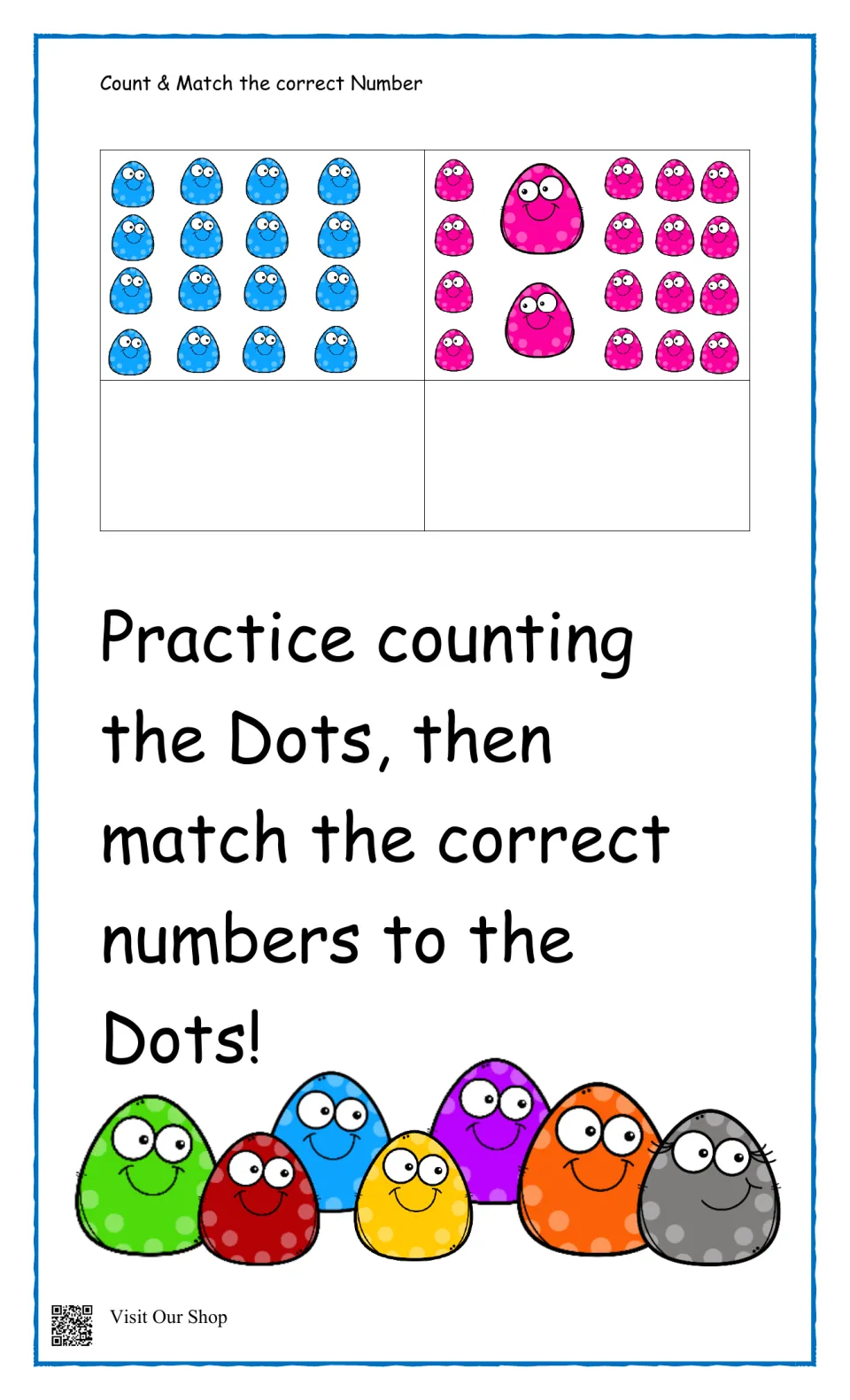 Counting to 18: students count 16 blue and 18 pink dot creatures, then match numbers, as the printed directions say