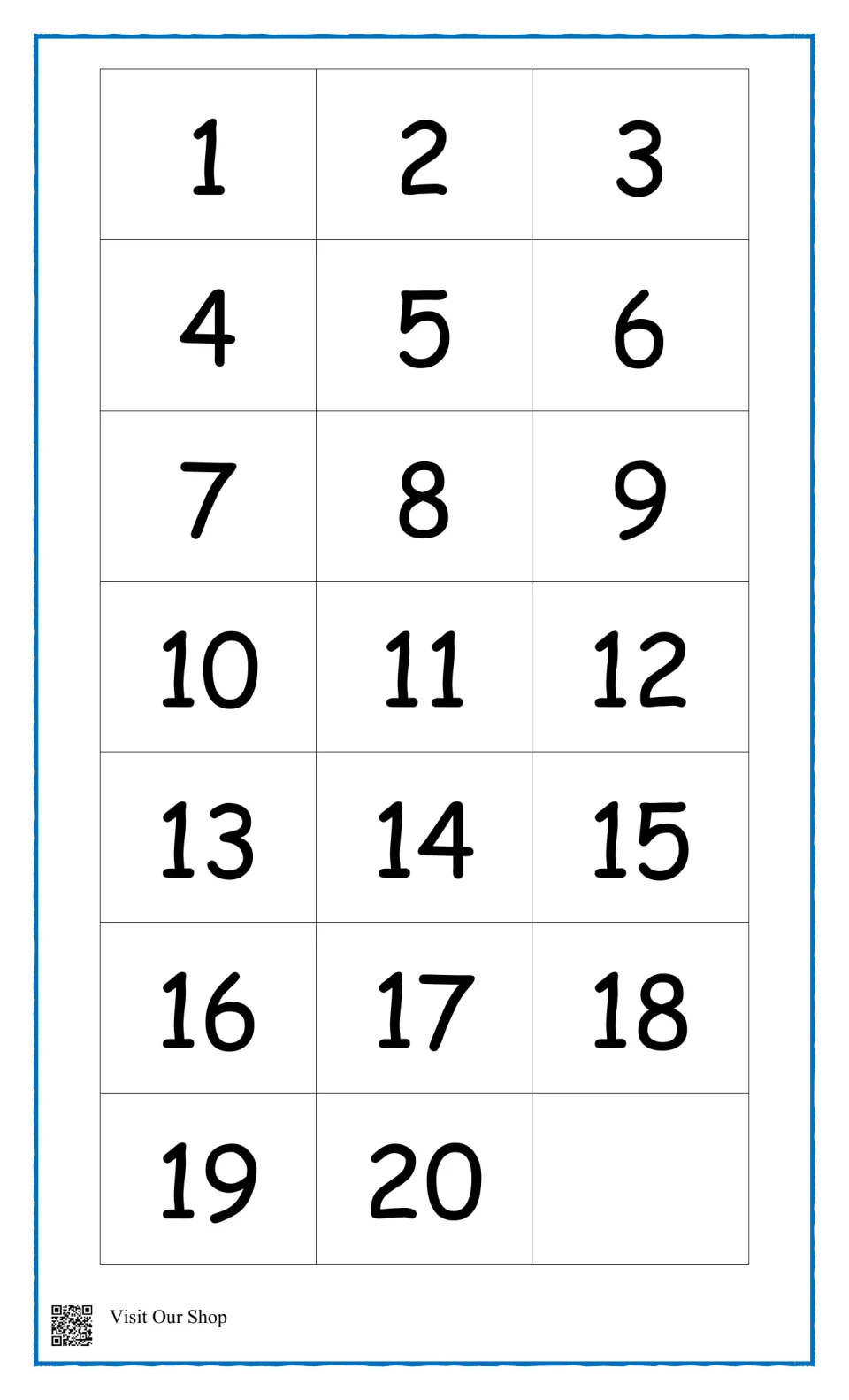 Number cards 1 to 20 for students to cut out and glue under the matching group of dot creatures on the counting pages