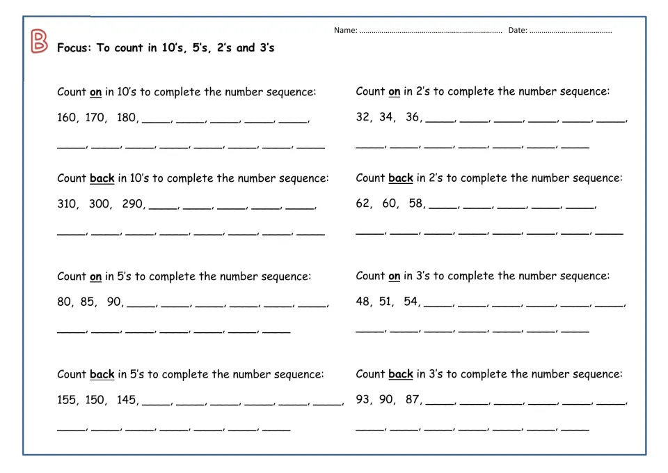 Skip counting sheet B: students continue sequences in 10s, 5s, 2s and 3s from larger starts like 160, 310, 155 and 93