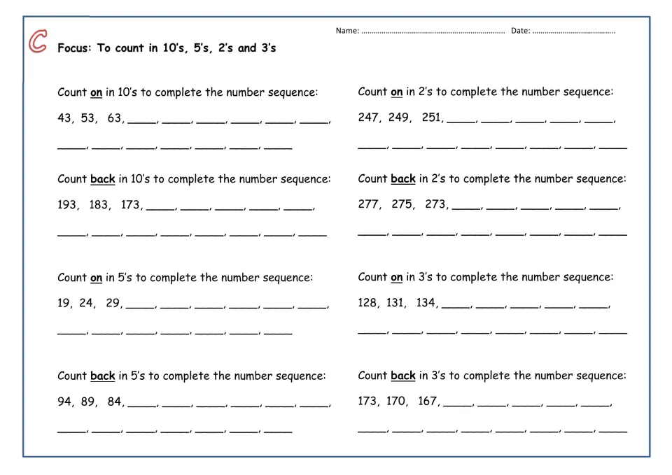 Skip counting sheet C: students count on and back from non-multiples, such as 43, 53, 63 in tens and 247, 249, 251 in twos