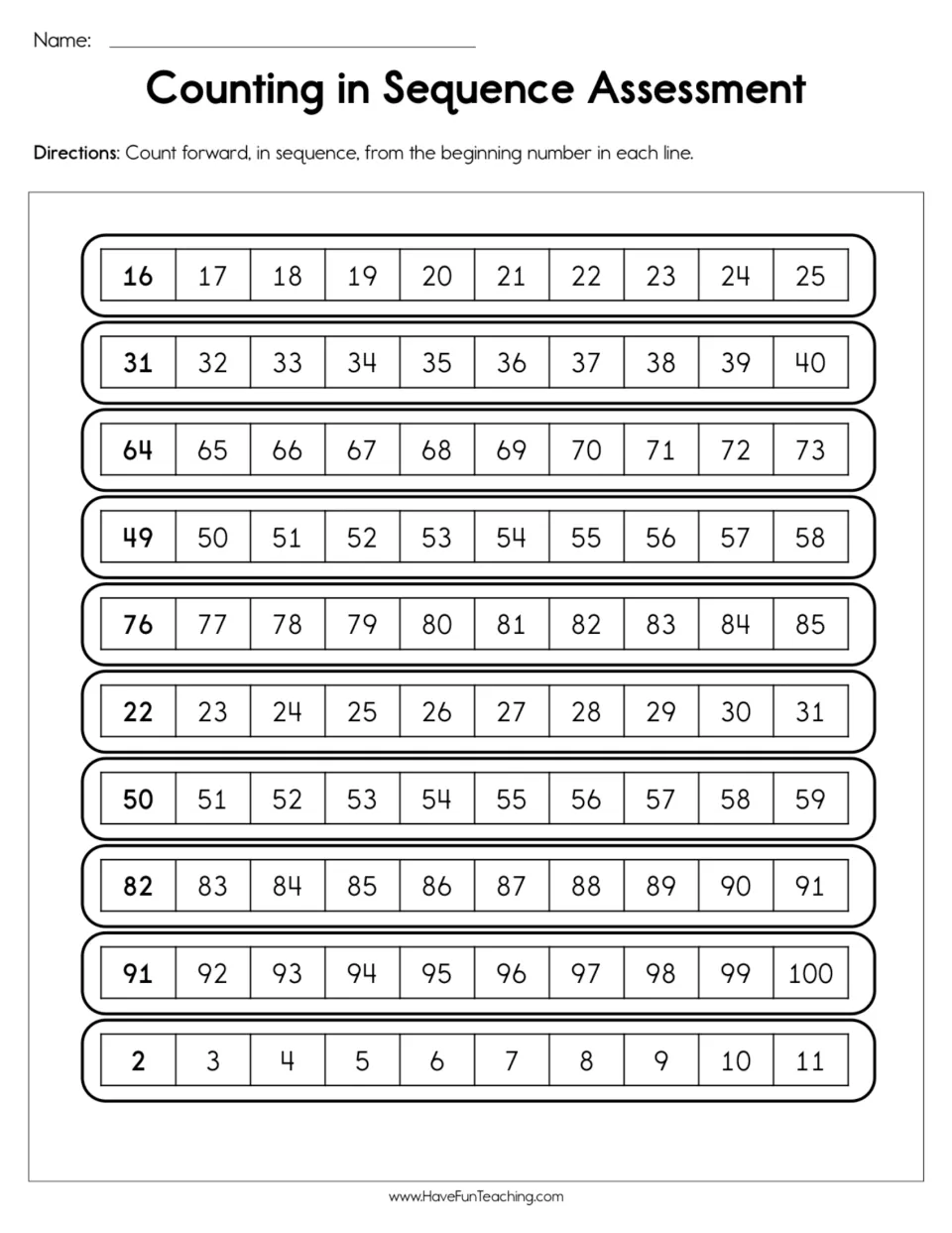 Counting assessment: 10 forward-counting sequences starting at 16, 31, 64, 49, 76, 22, 50, 82, 91, and 2.