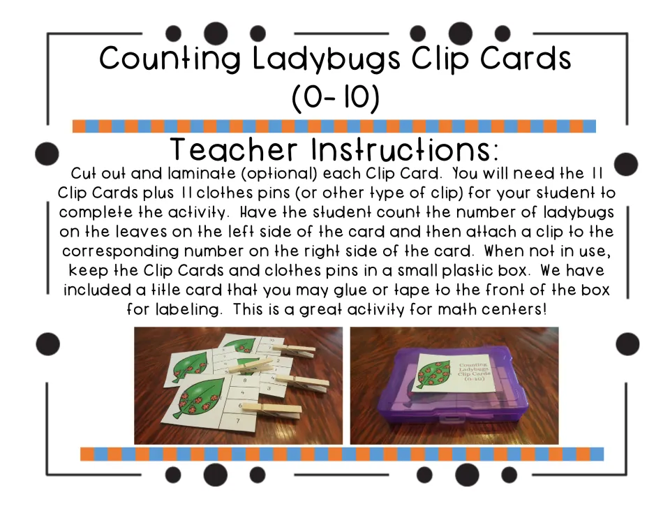 Teacher instructions for the 11 clip cards and clothespins, with photos of clipped cards and a labeled storage box