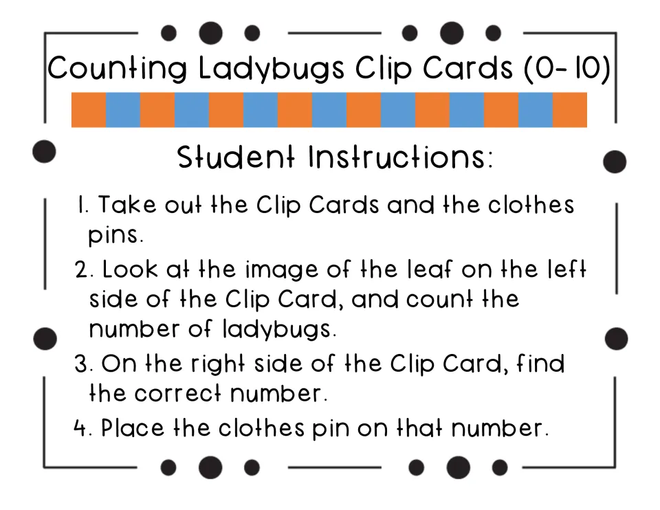Student instructions in four steps: count the ladybugs on the leaf, find that number, place the clothespin on it